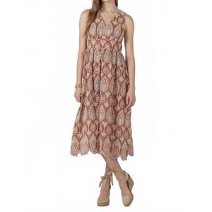 NEW DEX CLOTHING black tape eyelet midi dress in sandy and beige